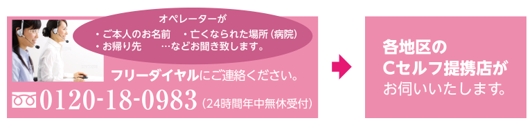 オペレーターが・ご本人のお名前・亡くなられた場所（病院）・お帰り先…などをお聞きいたします。 フリーダイヤルにご連絡ください。（携帯電話からでもかかります） 0120-18-0983 通話料・相談料無料 年中無休・24時間受付→各地区のCセルフ提携店がお伺いいたします。